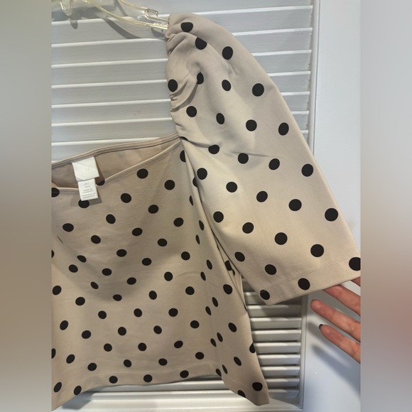H&M Cream Black Polka Dot Print Puff Sleeve Sweetheart Top Size Large - Picture 3 of 5